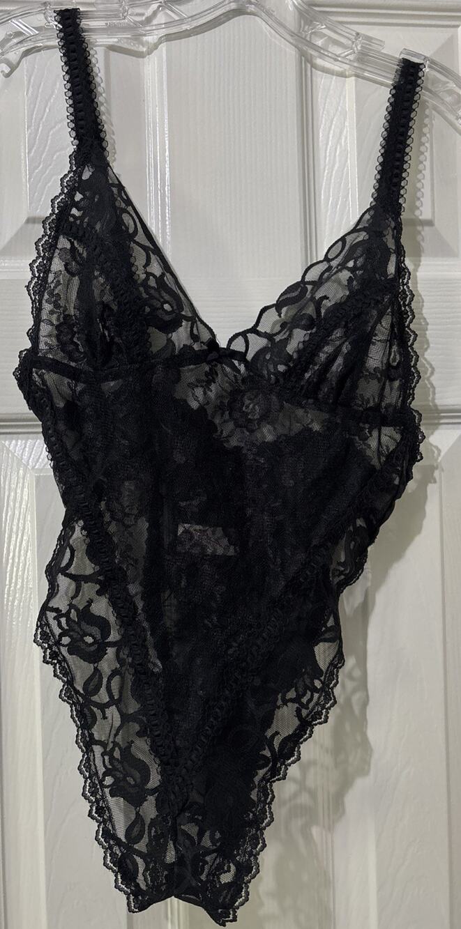 Vintage E. Bole Black Lace High Cut Teddy Sheer Lace Flowers Lingerie Size M USA
